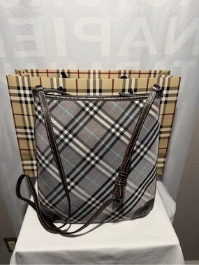 Burberry Gray & Black Plaid Canvas Messenger Bag with Blue Stripe & Brown Trim